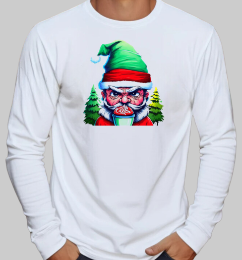 Santa Claus Illustration Drinking Hot Cocoa T-Shirt Long Sleeved T-shirt 