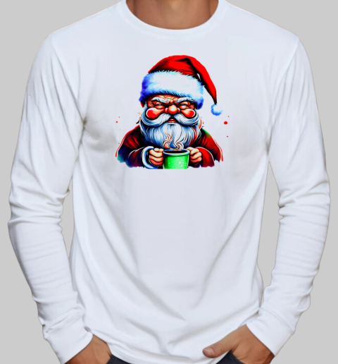 Santa Claus holding a green cup and drinking coffee T-Shirt Long Sleeved T-shirt 