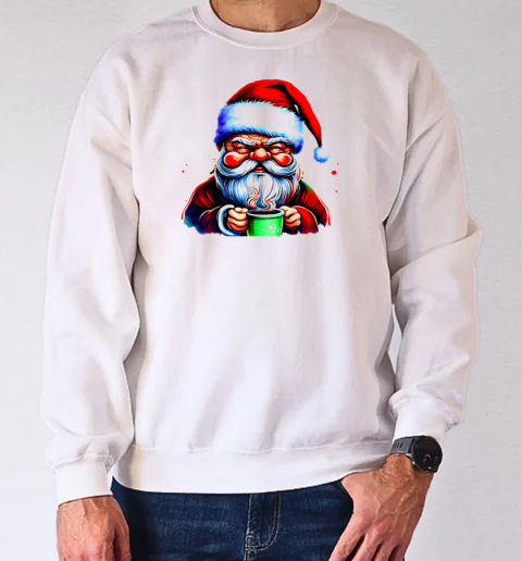 Santa Claus holding a green cup and drinking coffee T-Shirt Unisex Sweatshirt