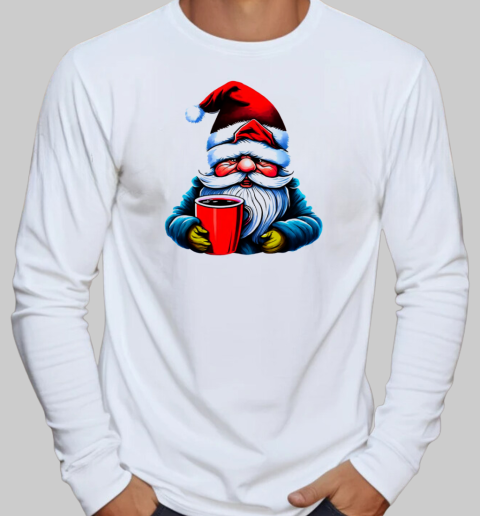 Santa Claus with Red Mug Christmas T-Shirt Long Sleeved T-shirt 