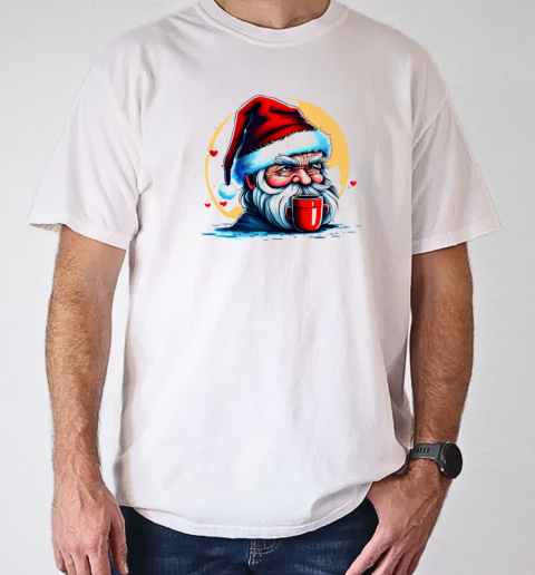 Serious Man with Santa Claus Hat and Coffee Mug T-Shirt