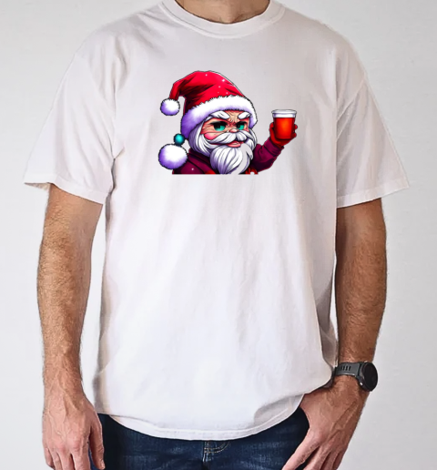 Smiling Cartoon Santa Claus with Red Cup T-Shirt