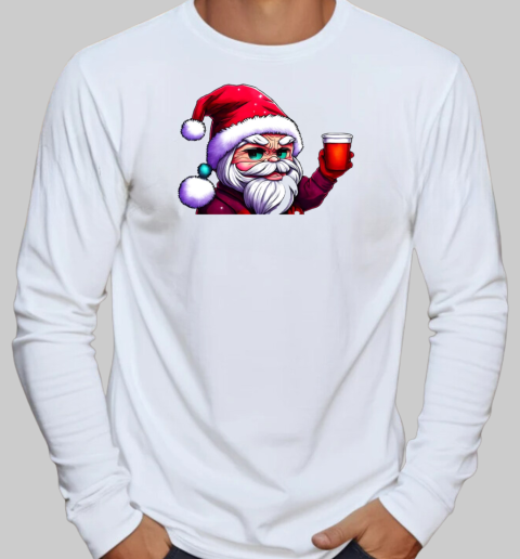 Smiling Cartoon Santa Claus with Red Cup T-Shirt Long Sleeved T-shirt 