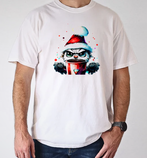 Ugly Santa Hat Cartoon Character Drinking from Cup T-Shirt