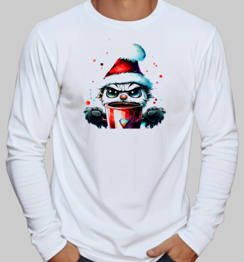 Ugly Santa Hat Cartoon Character Drinking from Cup T-Shirt Long Sleeved T-shirt 