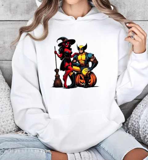 Witch Deadpool and Wolverine Cartoon Halloween T-Shirt Unisex Hoodie