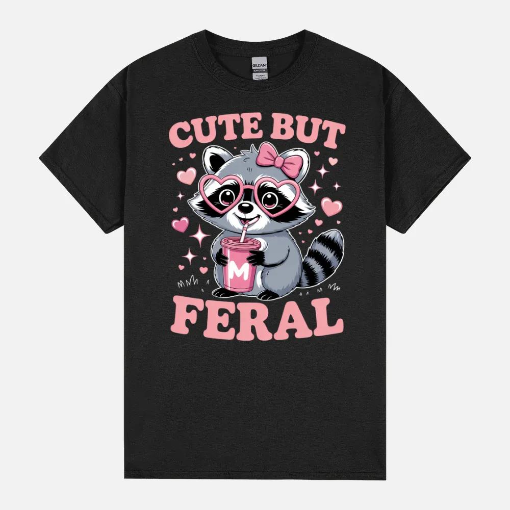 Cute But Feral Funny Pink Racoon With Glasses Unisex T-Shirt