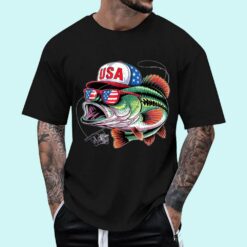 Funny Fish Bass American Flag Fishing Fisherman 4th of July T-Shirt