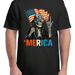 Skeleton Merica Rock American Flag Patriotic USA 4th Of July T-Shirt