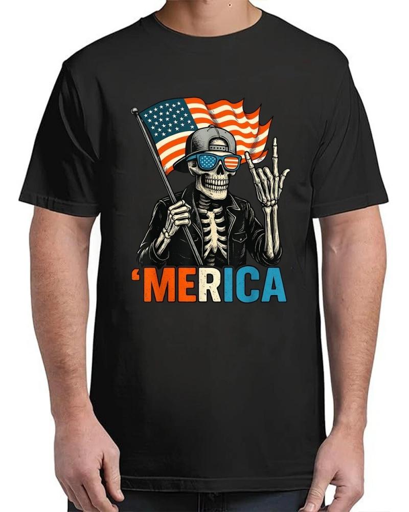 Skeleton Merica Rock American Flag Patriotic USA 4th Of July T-Shirt