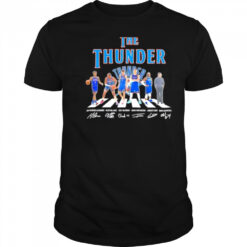 The Oklahoma City Thunder walking across signatures shirt