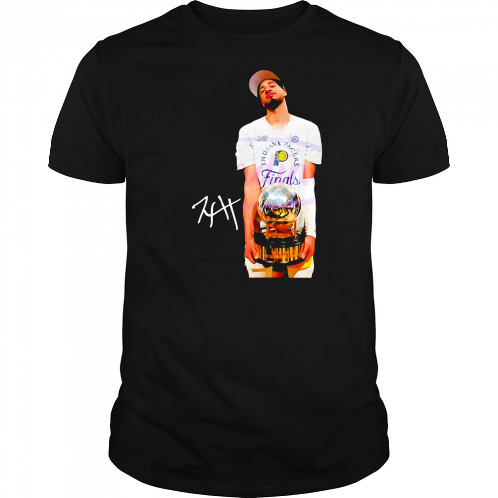 Tyrese Haliburton holding trophy Indiana Pacers 2025 NBA Finals signature shirt