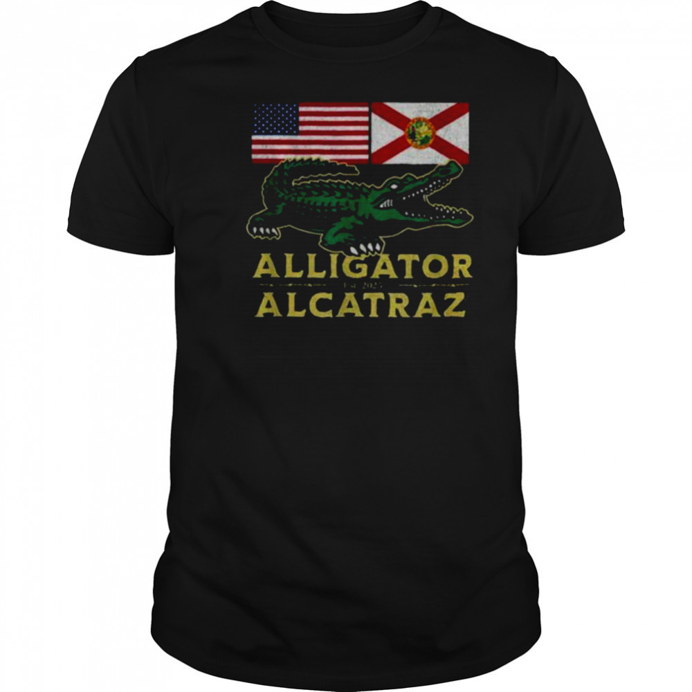 Alligator Alcatraz with US flag and Florida state flag shirt
