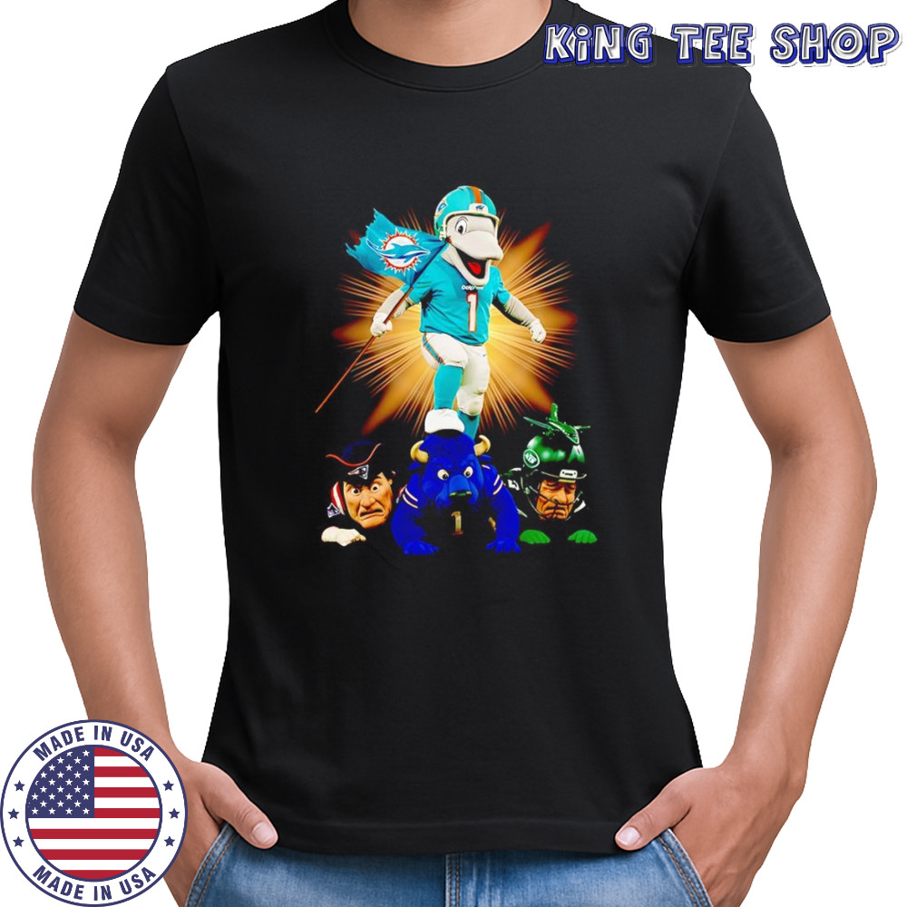 Miami Dolphins mascot standing with flag shirt