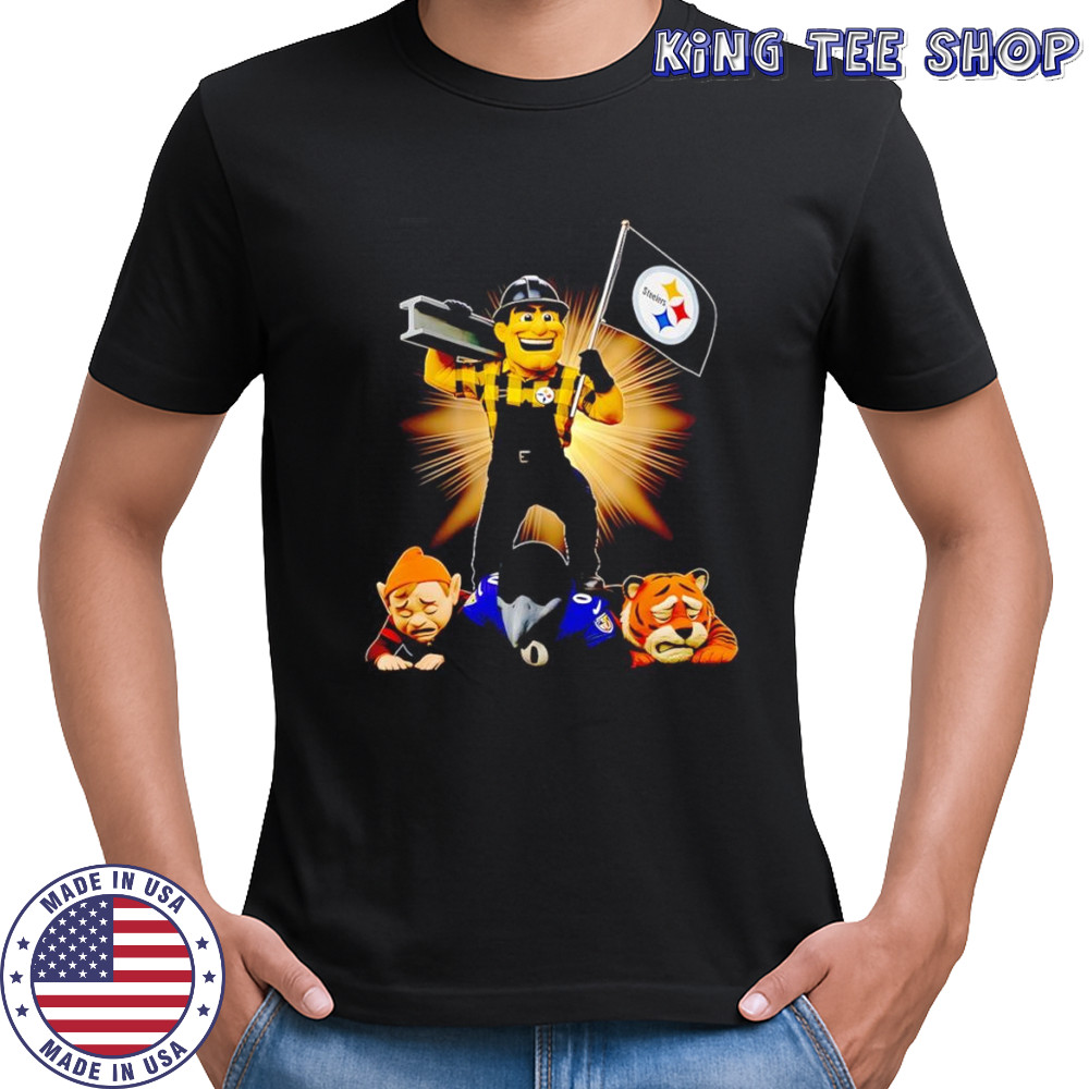 Pittsburgh Steelers mascot standing with flag shirt