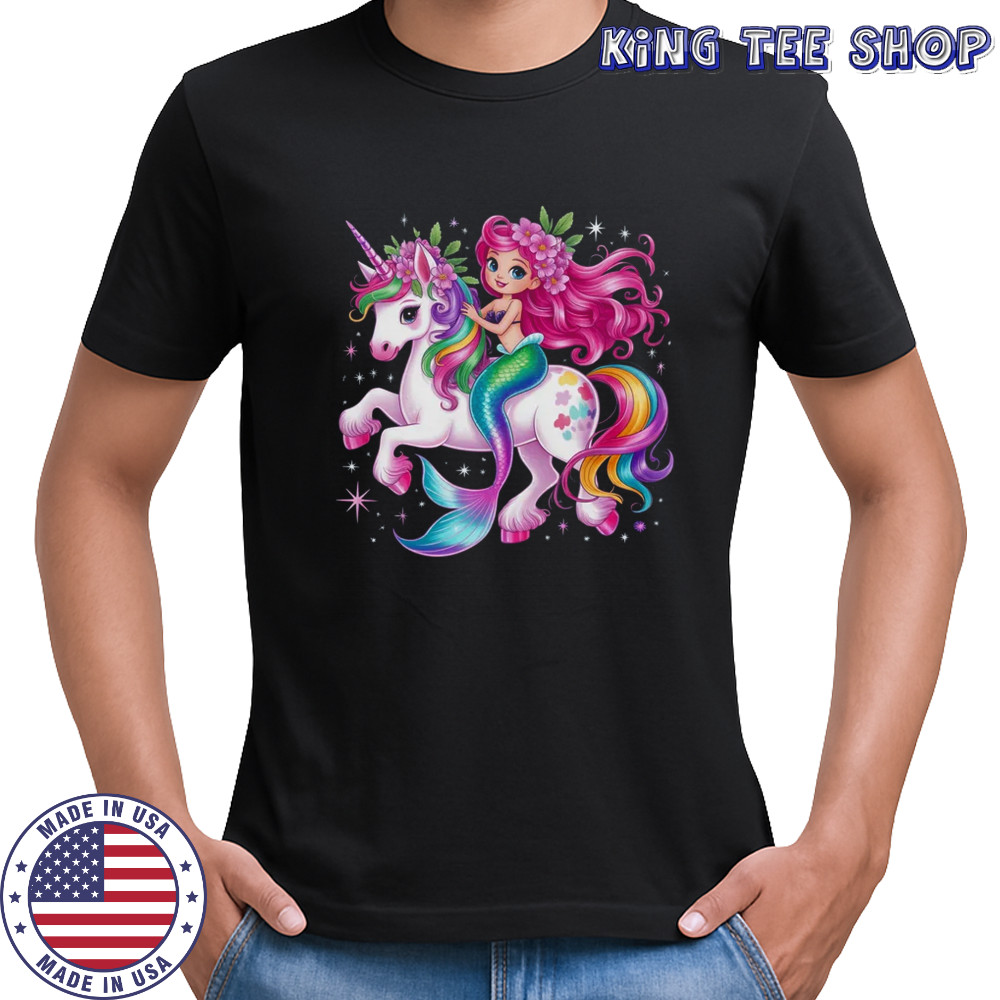 Mermaid Riding A Unicorn Girls Women Kids Adults Rainbow shirt