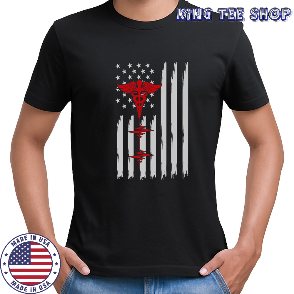 Patriotic Medical American Flag Red Caduceus Heartbeat T-Shirt