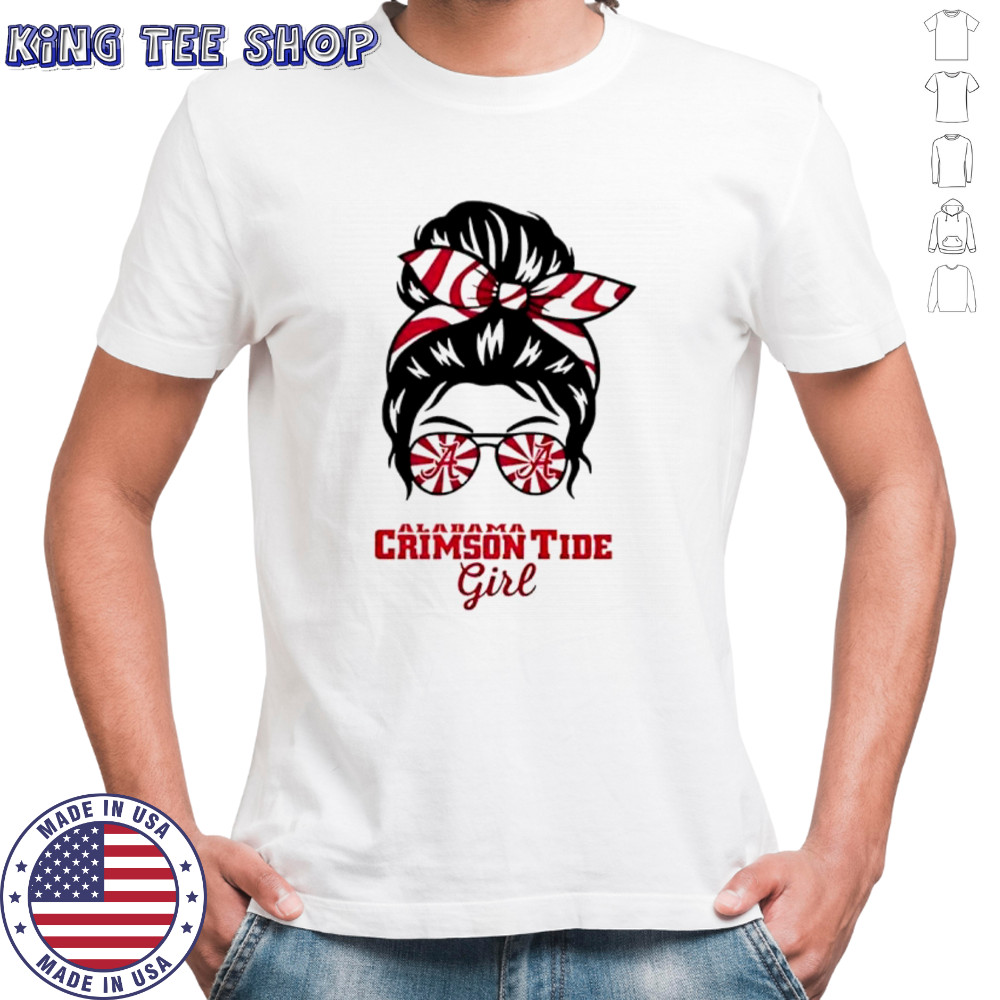 Alabama Crimson Tide girl messy bun glasses shirt
