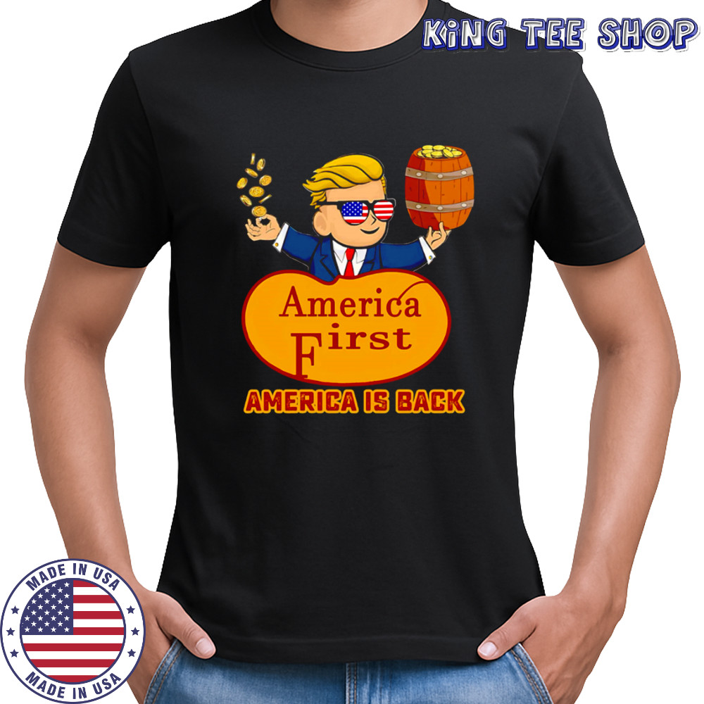 America First America Is Back Donald Trump Cartoon Character Throwing Gold Coins shirt