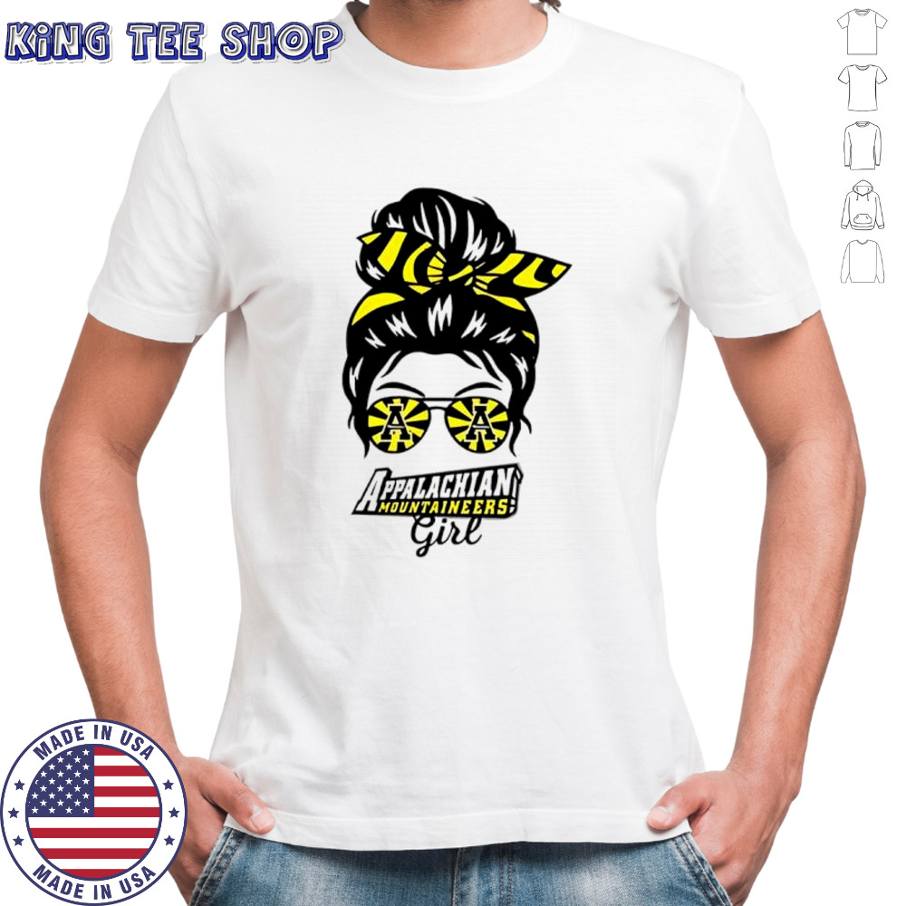 Appalachian State Mountaineers girl messy bun glasses shirt