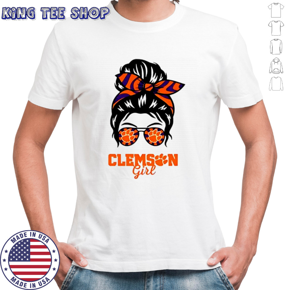 Clemson Tigers girl messy bun glasses shirt