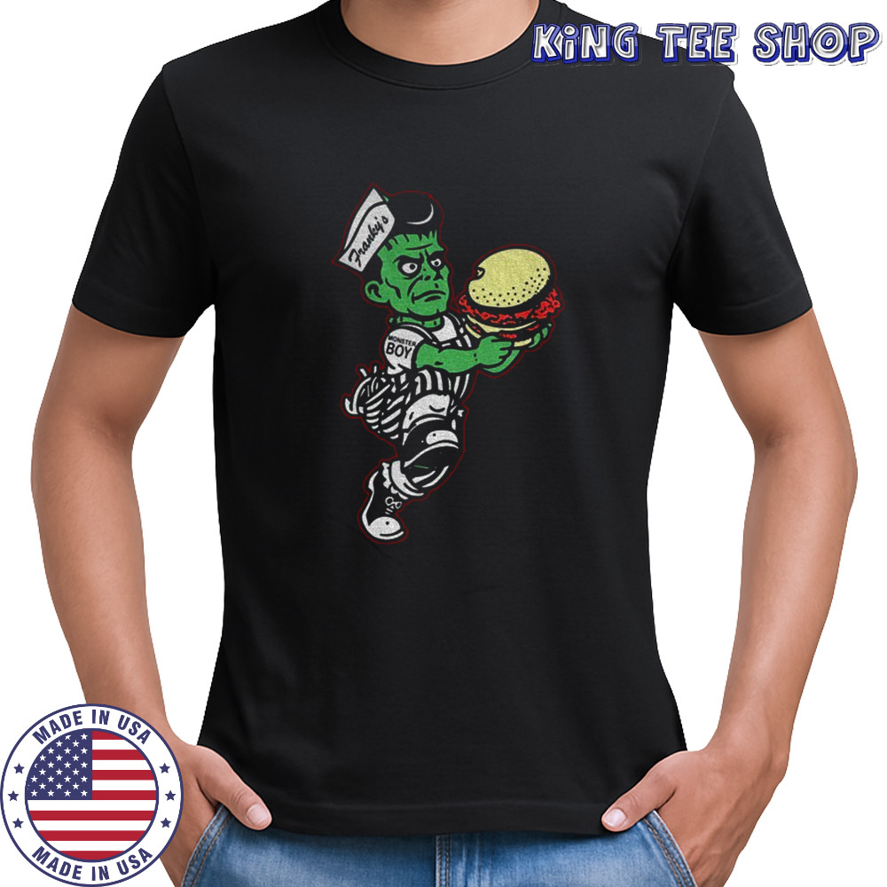 Frankenstein Monster Boy holding hamburger shirt