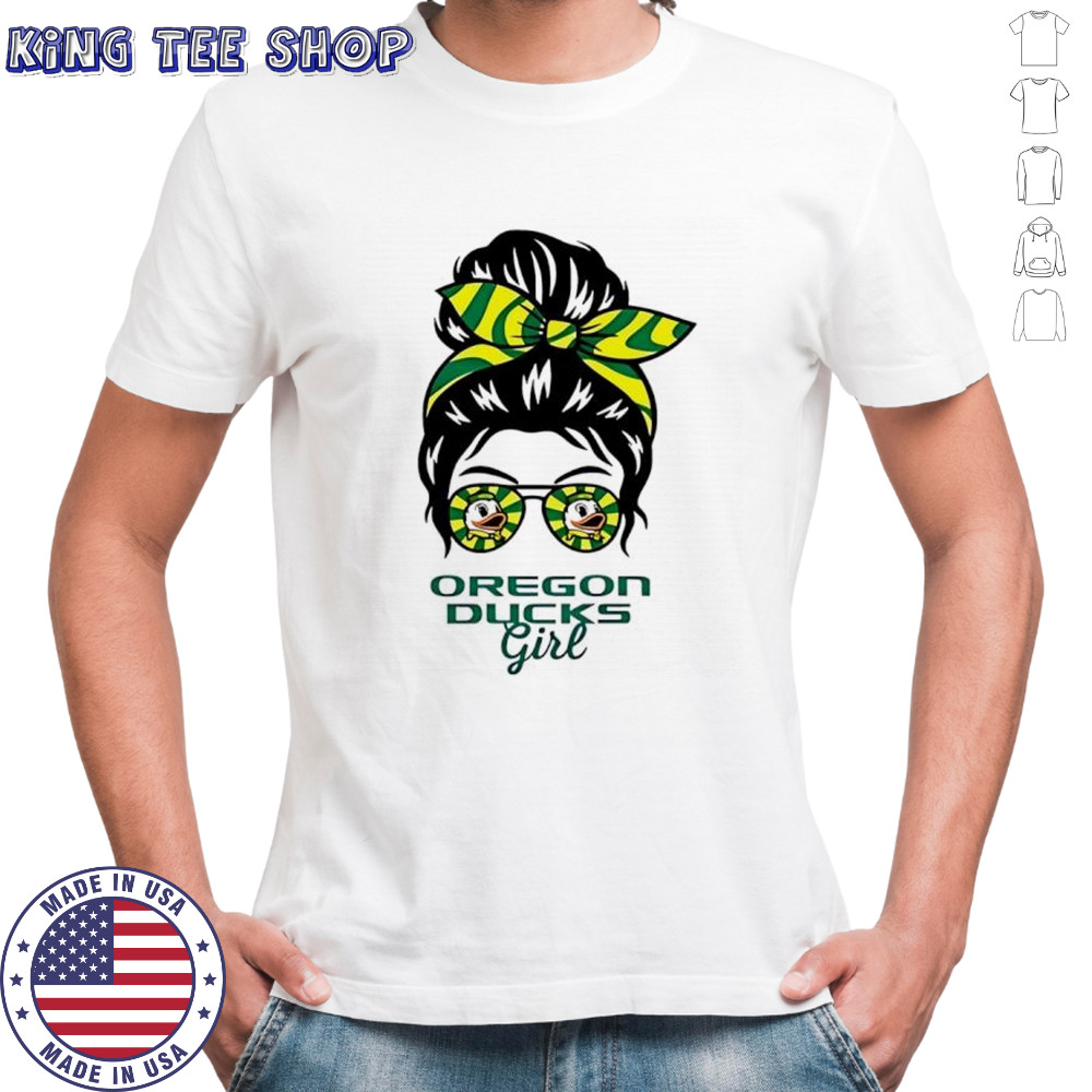 Oregon Ducks girl messy bun glasses shirt