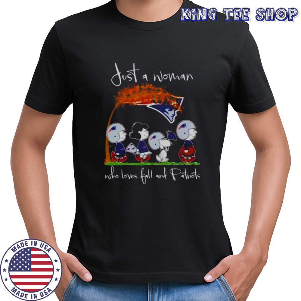 Peanuts Just A Woman Who Loves Fall And New England Patriots T-Shirt