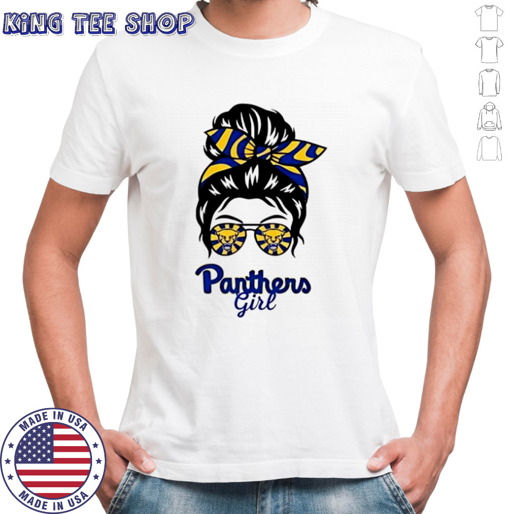 Pitt Panthers girl messy bun glasses shirt