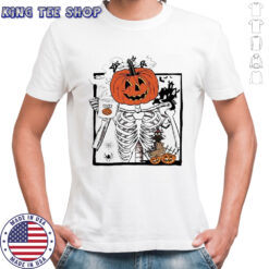Pumpkin Skeleton Drinking Coffee happy Halloween shirt