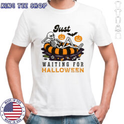 Skeleton summer beach just waiting for Happy Halloween 2025 shirt