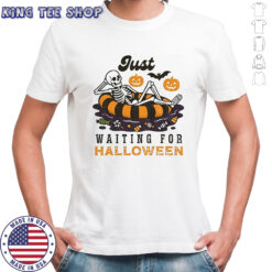 Skeleton summer beach just waiting for Happy Halloween 2025 shirt