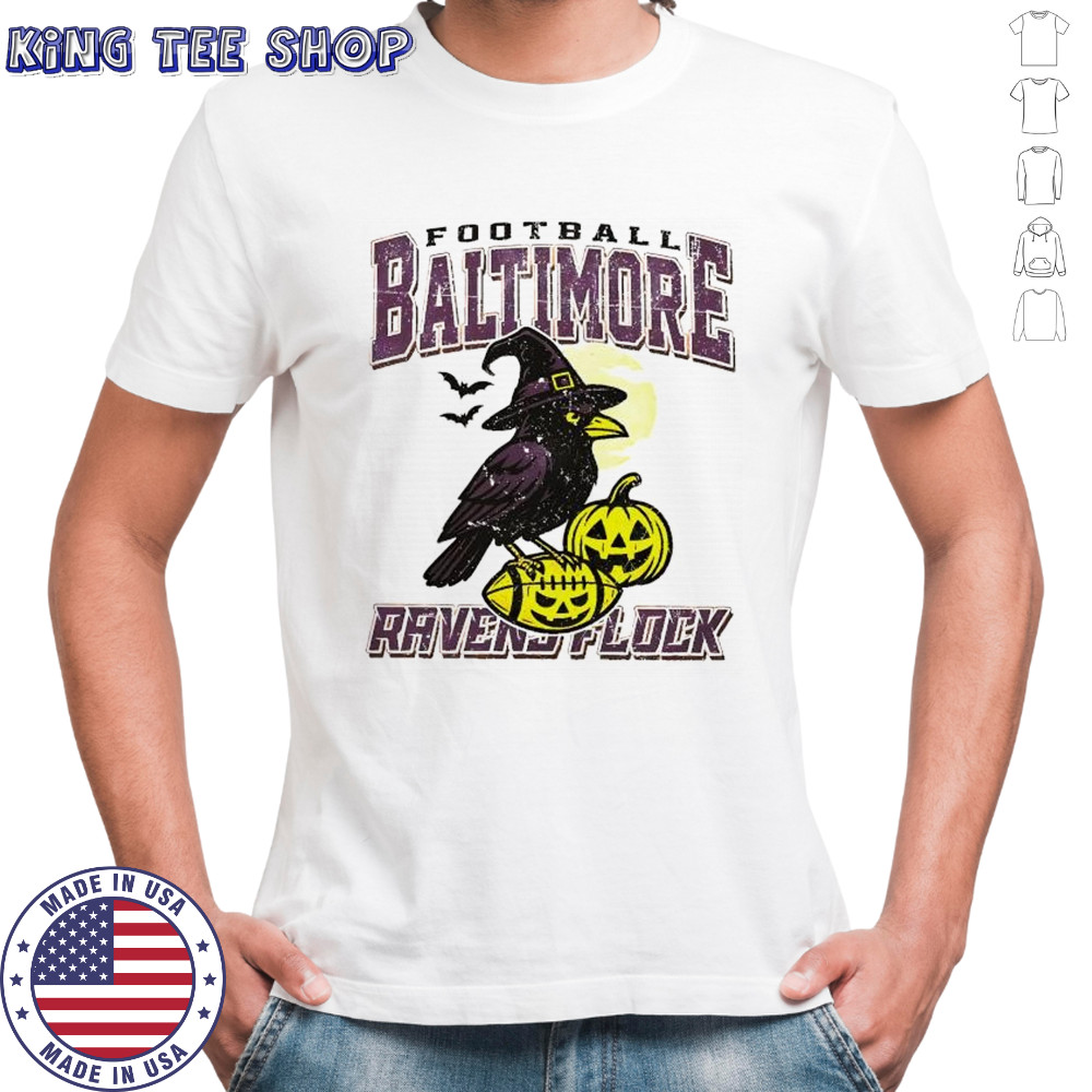 Spooky crow witch pumpkin football Baltimore Ravens Flock shirt