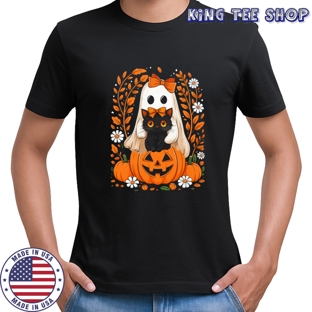 Vintage Halloween Ghost Holding Black Cat Groovy Floral shirt