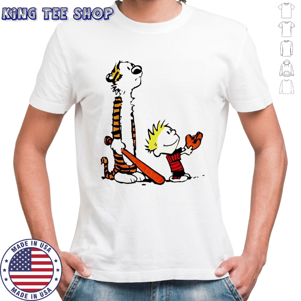 Calvin and Hobbes holding a baseball glove shirt