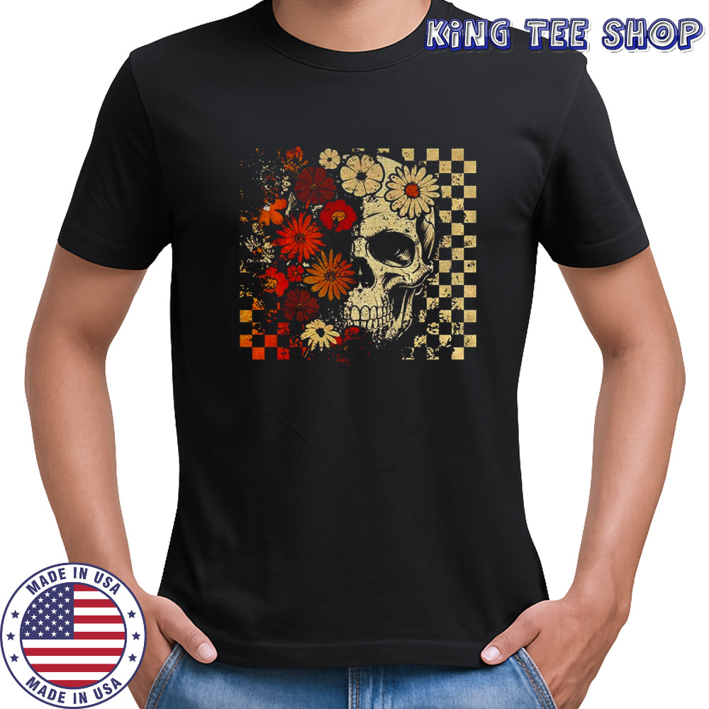 Funny skull checkered skeleton floral spooky season Halloween shirt