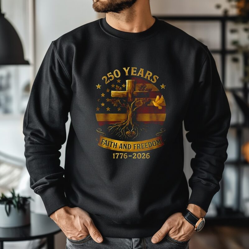 250 years faith and freedom flag cross tree 1776-2026_Crewneck Sweatshirt