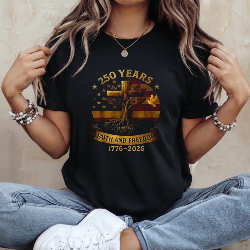 250 years faith and freedom flag cross tree 1776-2026_Ladies T-Shirt