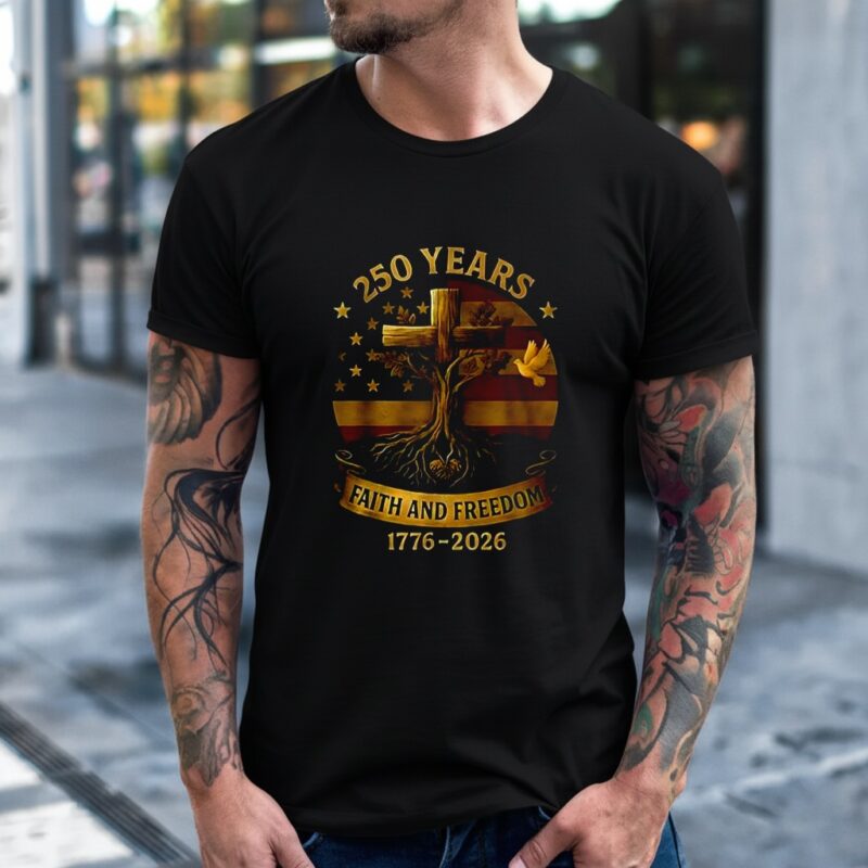 250 years faith and freedom flag cross tree 1776-2026_T-Shirt