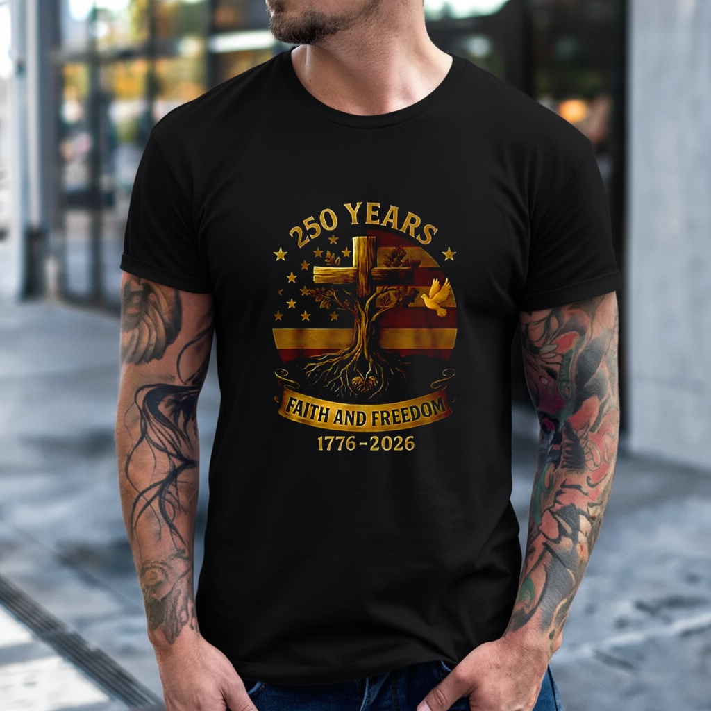 250 years faith and freedom flag cross tree 1776-2026 shirt