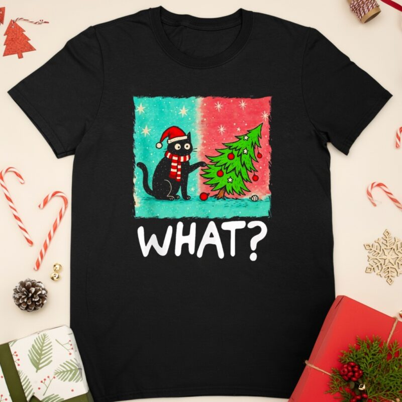 Black Cat What Gift Pushing Christmas Tree shirt