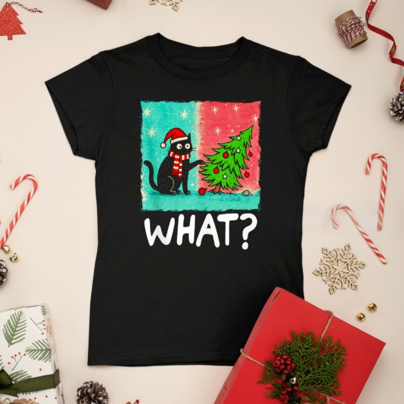 Black Cat What Gift Pushing Christmas Tree_Ladies T-Shirt