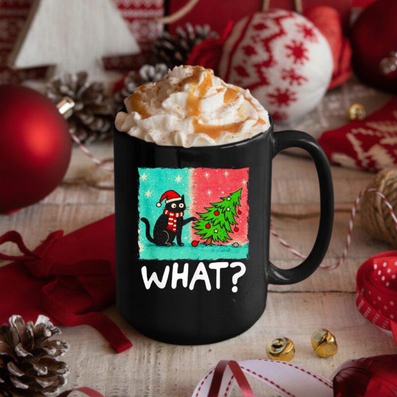 Black Cat What Gift Pushing Christmas Tree_Mug