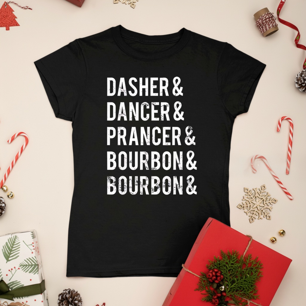 Dasher Dancer Prancer Bourbon holiday joke Christmas shirt