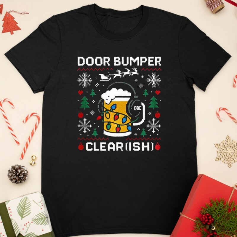 Door Bumper Clear ish beer mug with headphones and Christmas lights_Classic T-Shirt