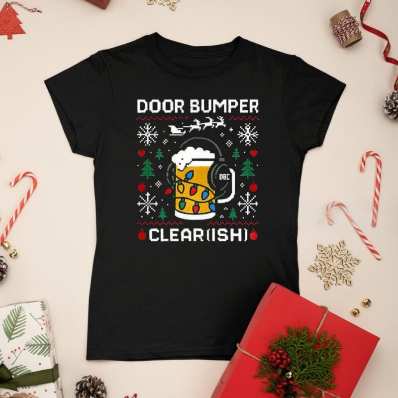 Door Bumper Clear ish beer mug with headphones and Christmas lights_Ladies T-Shirt