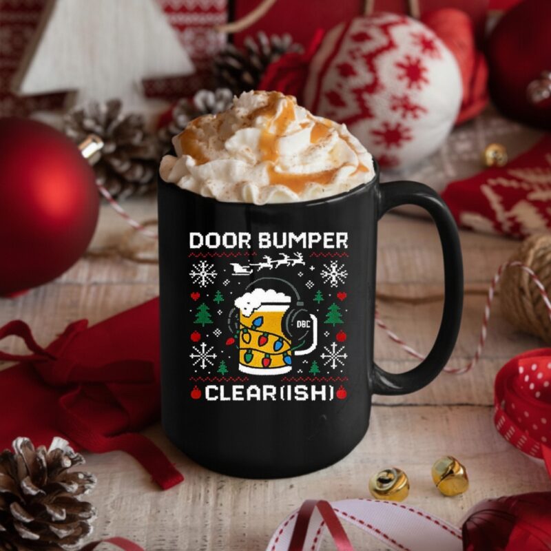 Door Bumper Clear ish beer mug with headphones and Christmas lights_Mug