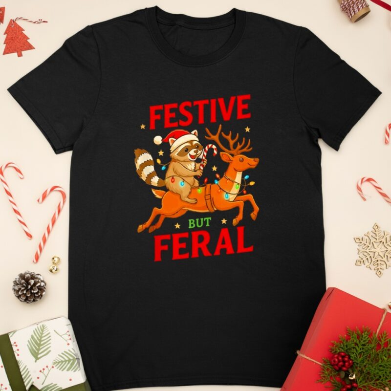 Festive But Feral Christmas Raccoon Riding Reindeer_Classic T-Shirt