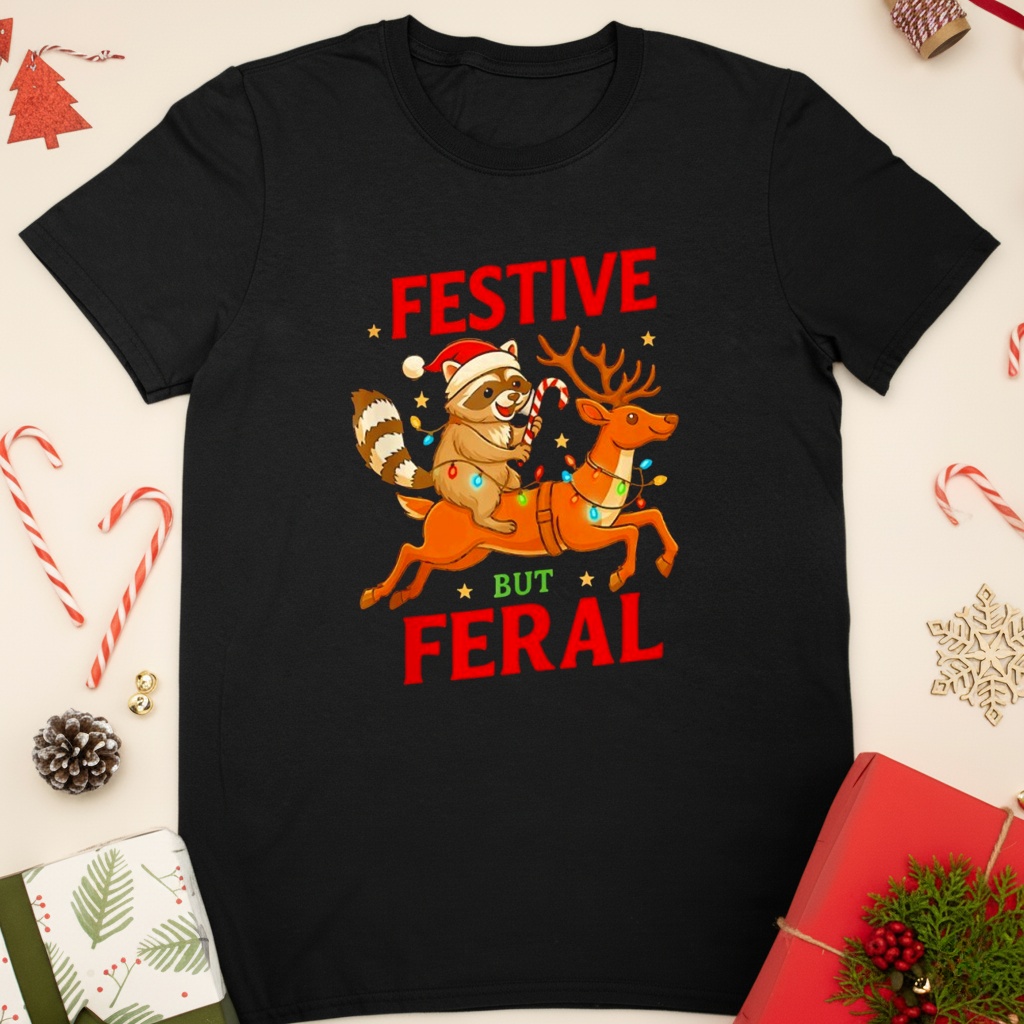 Festive But Feral Christmas Raccoon Riding Reindeer shirt