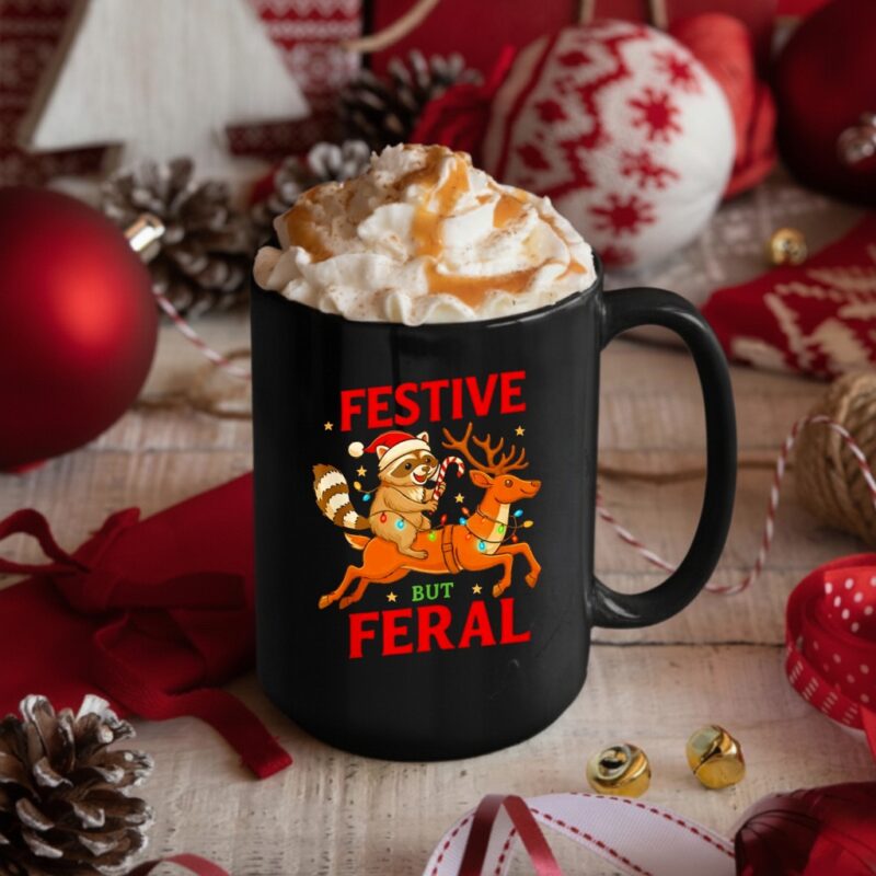 Festive But Feral Christmas Raccoon Riding Reindeer_Mug